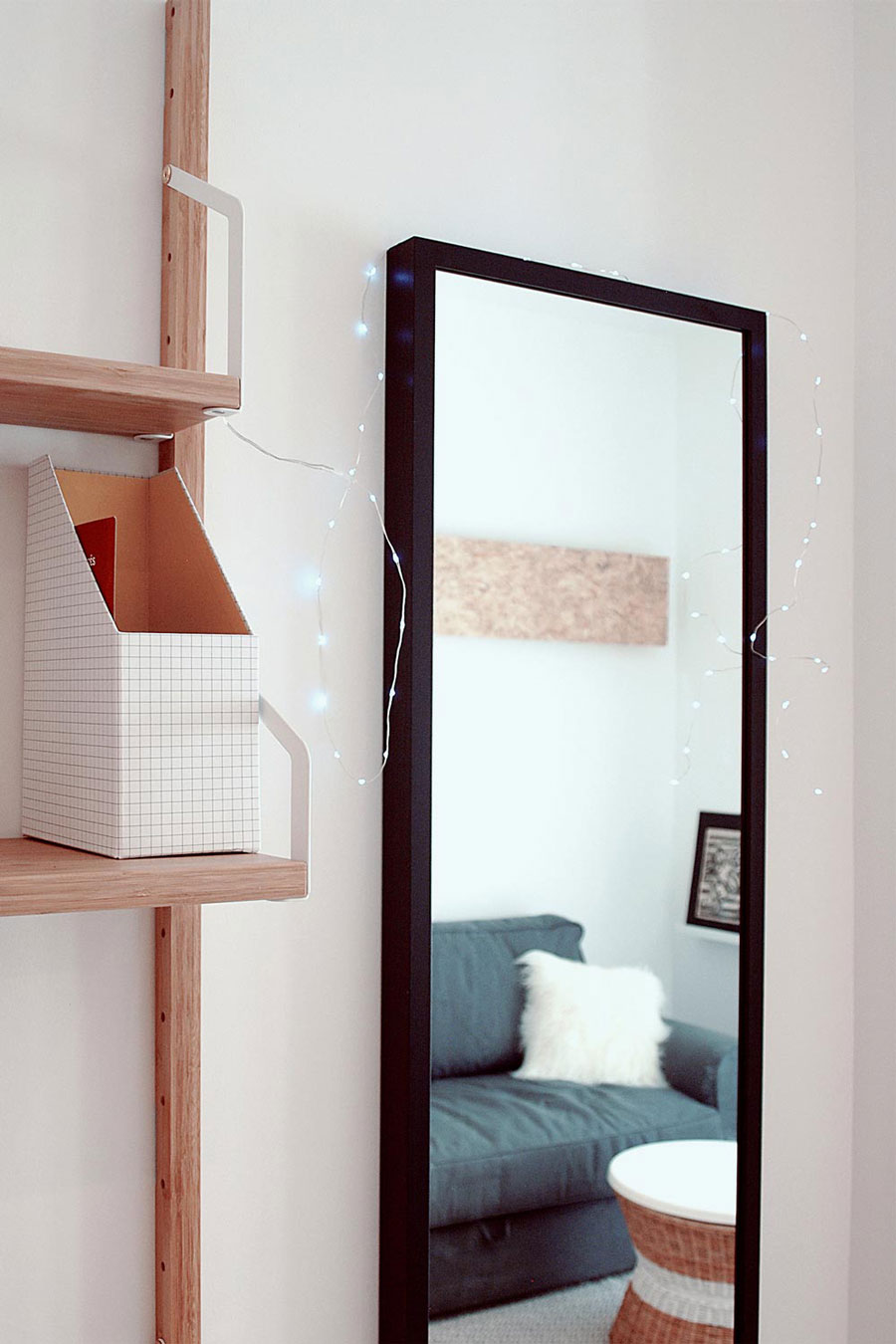 Interior detail of an IKEA mirror and shelves
