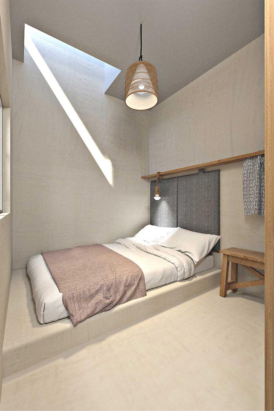 In this cute bedroom the light comes from an internal window and a dormer one.