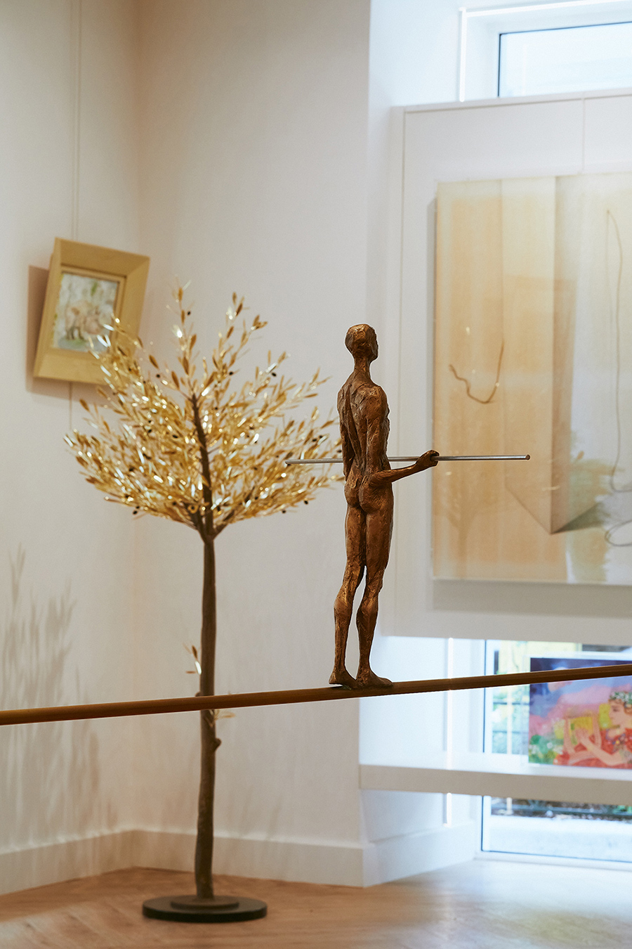 Gold metal olive tree sculpture